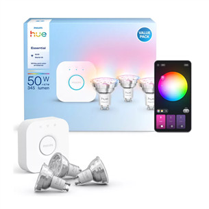 Philips Hue Essential Starter Kit, Spotlight + Hue Bridge, Full Color, GU10, 3 tk, valge - Nutivalgusti komplekt