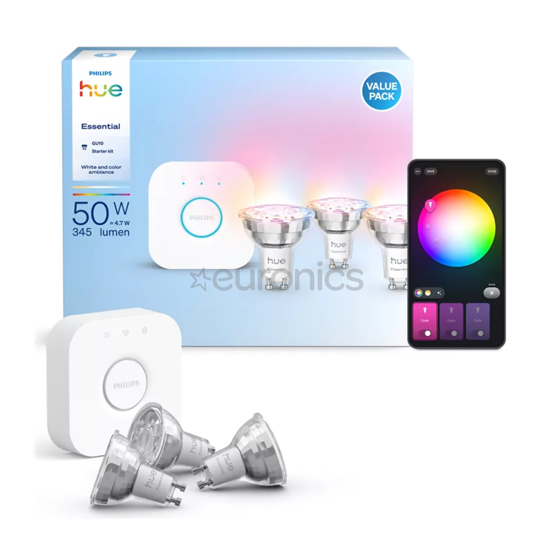 Philips Hue Essential Starter Kit, Spotlight + Hue Bridge, Full Color, GU10, 3 tk, valge - Nutivalgusti komplekt