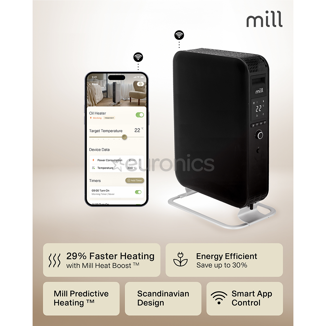 Mill Gentle Air WiFi, 2000 Вт, черный - Масляный радиатор