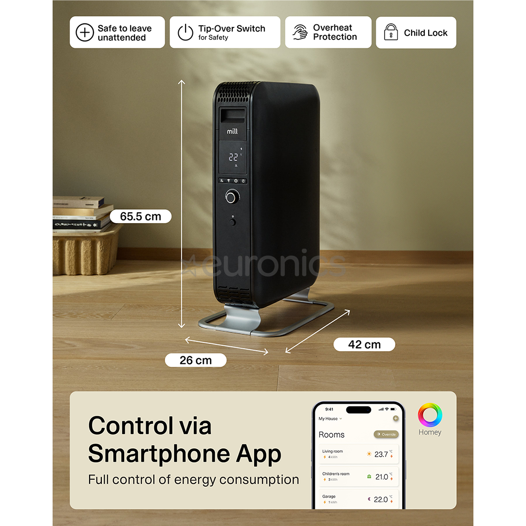 Mill Gentle Air WiFi, 2000 Вт, черный - Масляный радиатор