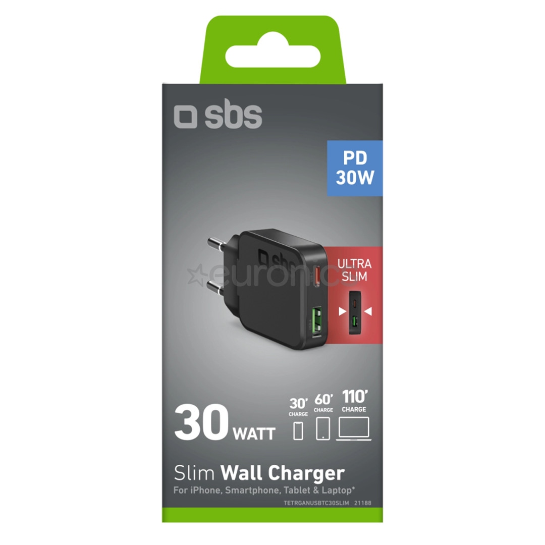 SBS Slim Wall Charger, USB-A, USB-C, 30 W, must - Laadija