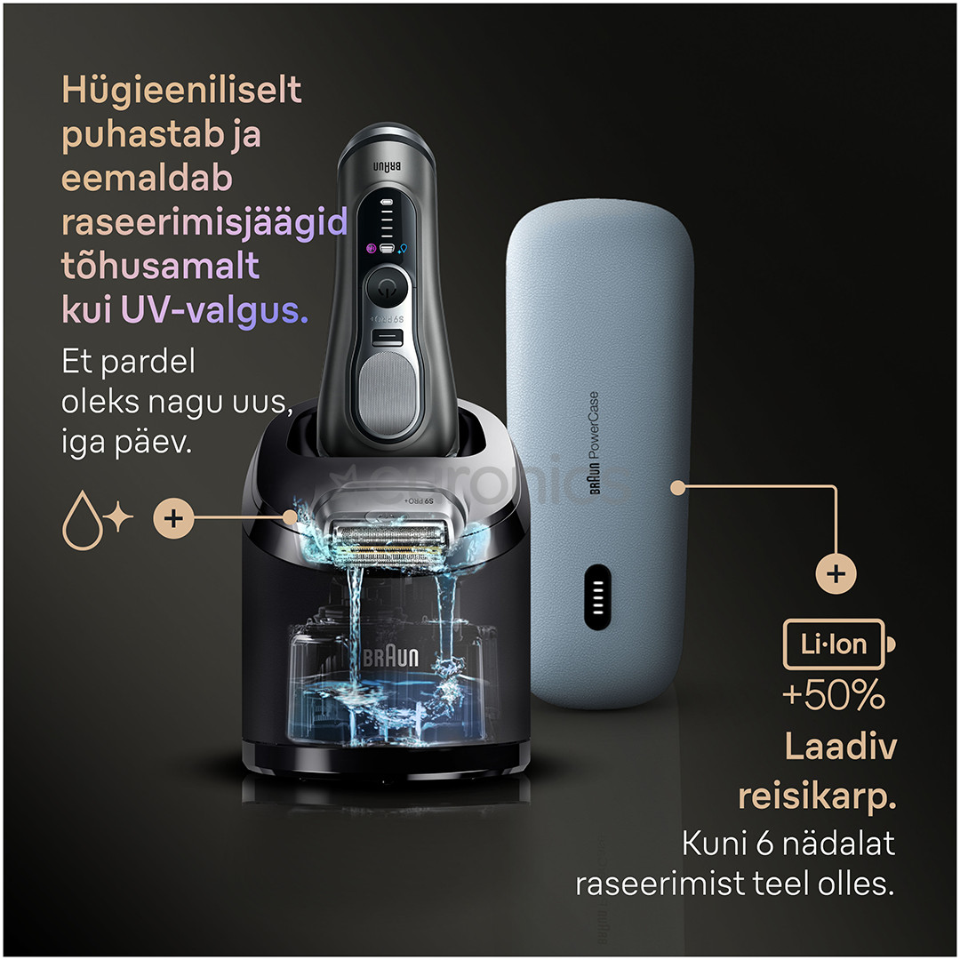 Braun Series 9 Pro+ Wet & Dry, 6-ühes SmartCare keskus ja PowerCase reisikarp, tumehall - Pardel