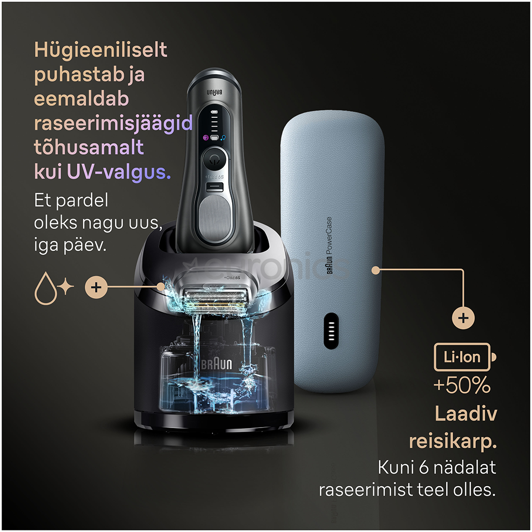 Braun Series 9 Pro+ Wet & Dry, станция SmartCare 6 в 1 и дорожный футляр PowerCase, темно-серый - Бритва