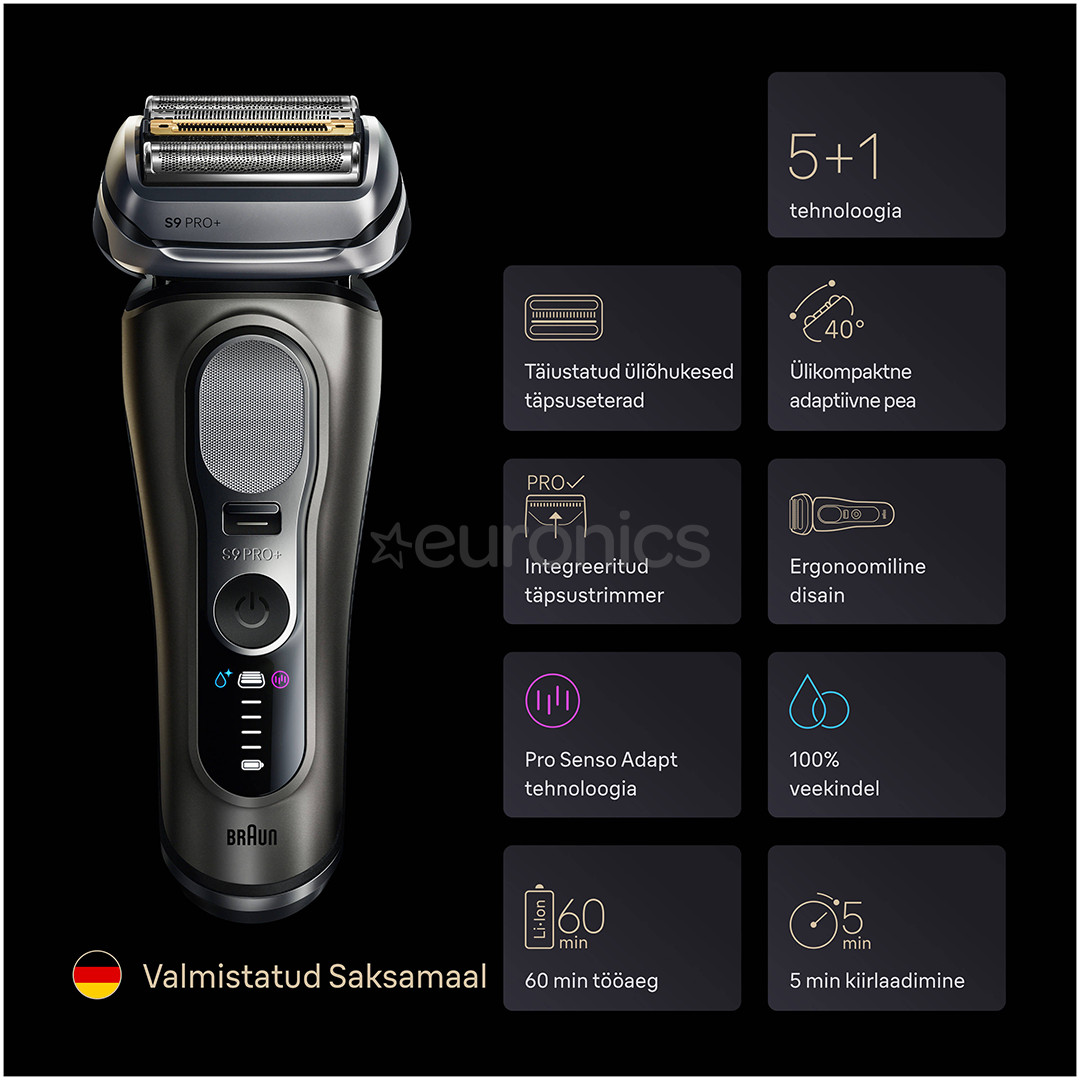 Braun Series 9 Pro+ Wet & Dry, 6-ühes SmartCare keskus ja PowerCase reisikarp, tumehall - Pardel