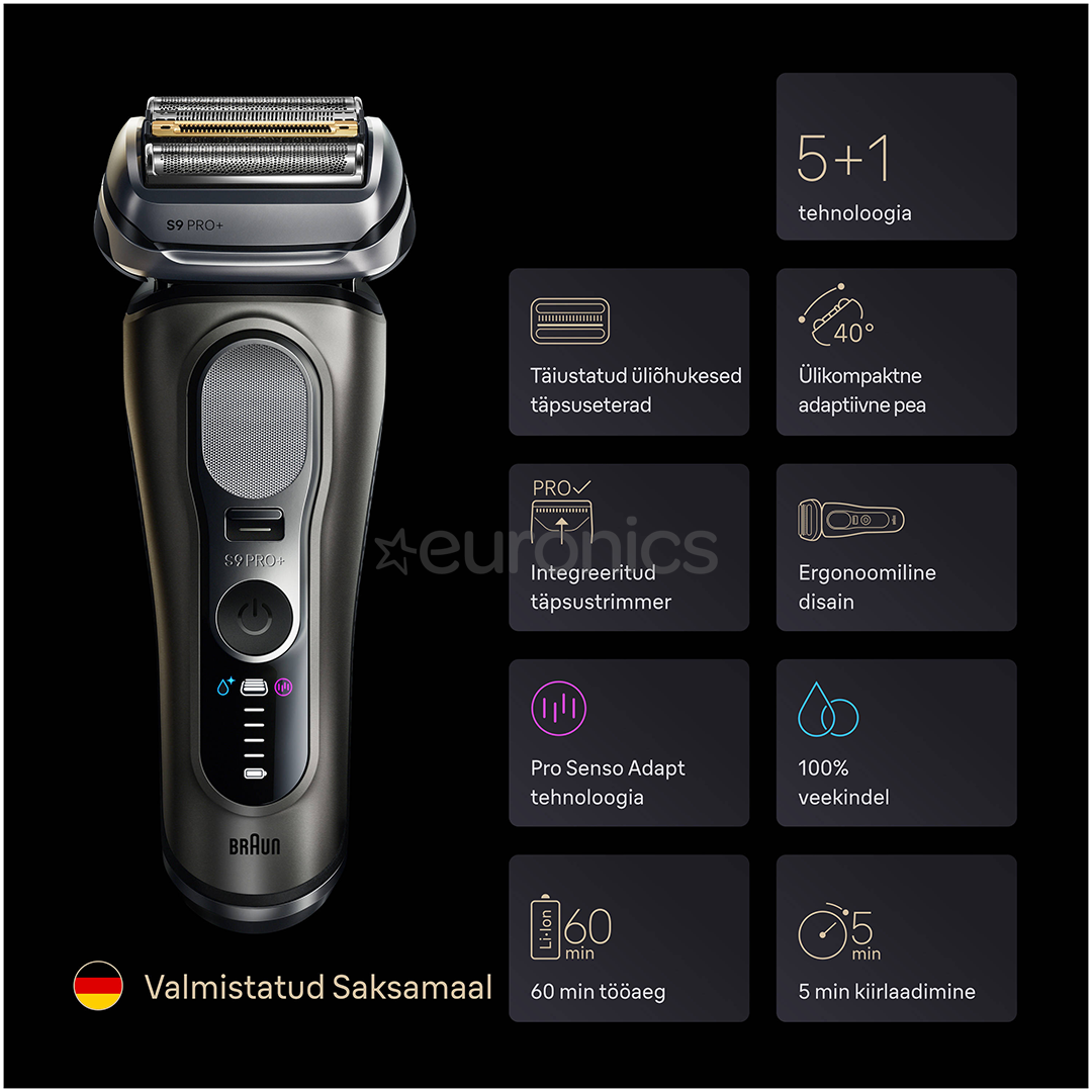 Braun Series 9 Pro+ Wet & Dry, станция SmartCare 6 в 1 и дорожный футляр PowerCase, темно-серый - Бритва