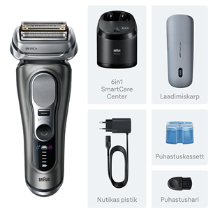 Braun Series 9 Pro+ Wet & Dry, станция SmartCare 6 в 1 и дорожный футляр PowerCase, темно-серый - Бритва