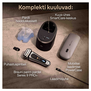 Braun Series 9 Pro+ Wet & Dry, 6-ühes SmartCare keskus ja PowerCase reisikarp, hõbedane - Pardel