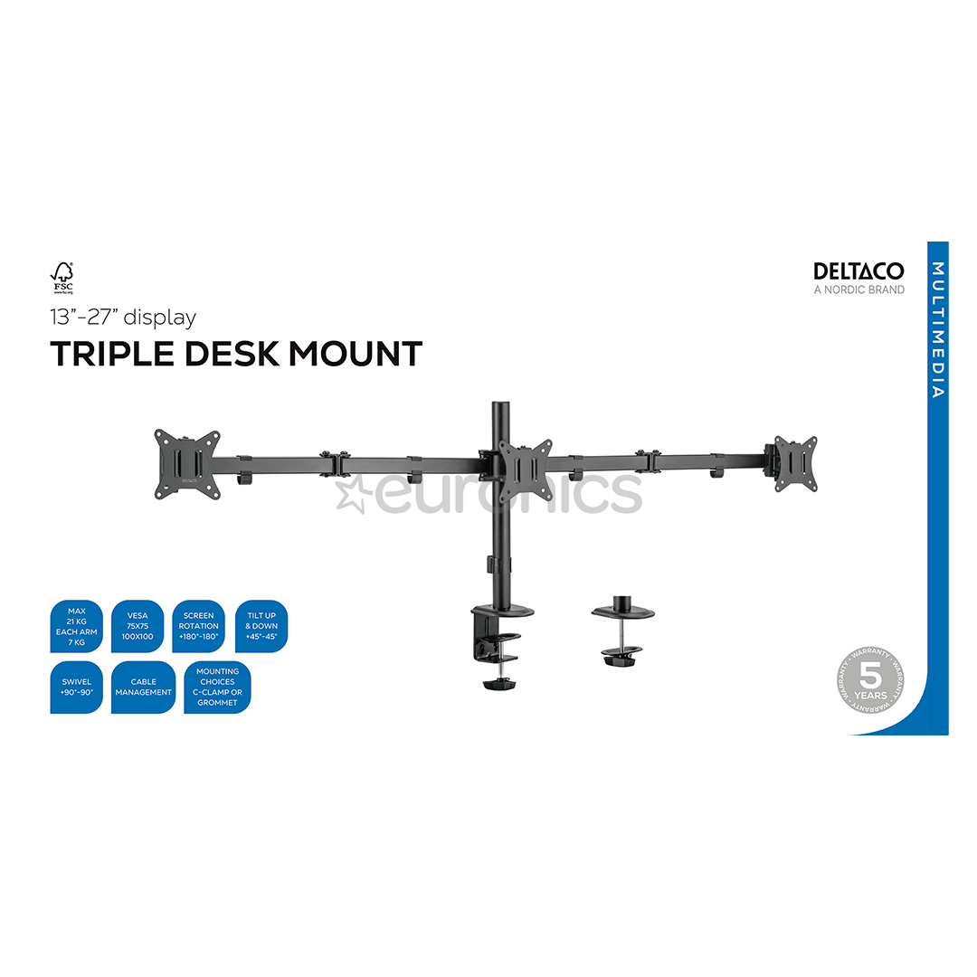 Deltaco Triple Desk Mount, 13-27'', черный - Крепление для монитора