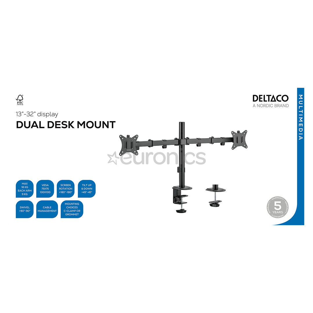 Deltaco Dual Desk Mount, 13-32'', must - Monitori statiiv