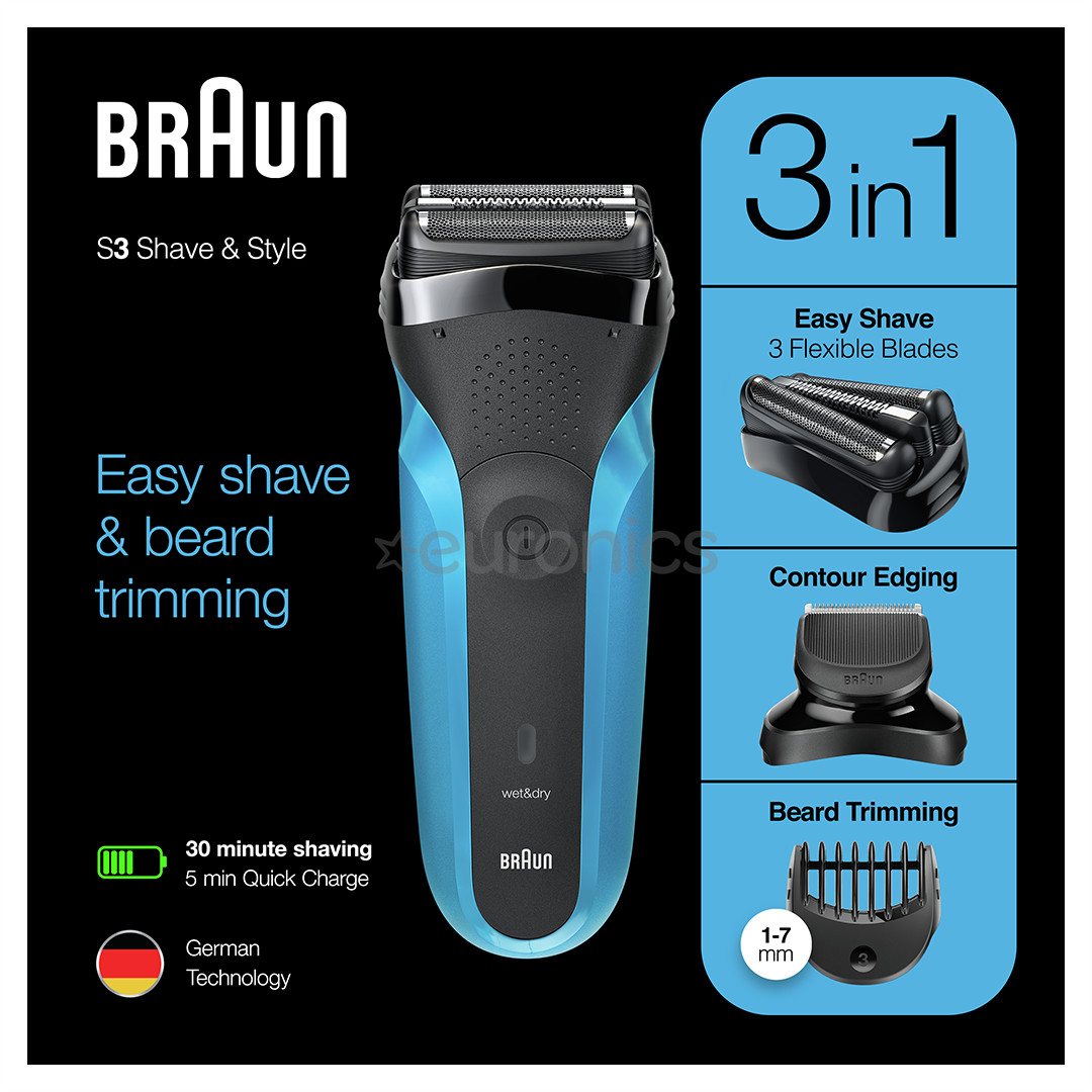 Braun Series 3 Shave & Style, Wet & Dry, синий - Бритва