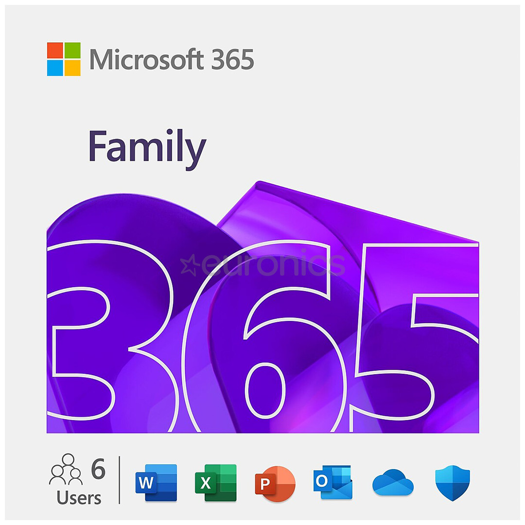 Microsoft 365 Family, 12 kuu tellimus, 6 kasutajat / 5 seadet, 1 TB OneDrive, ENG - Tarkvara