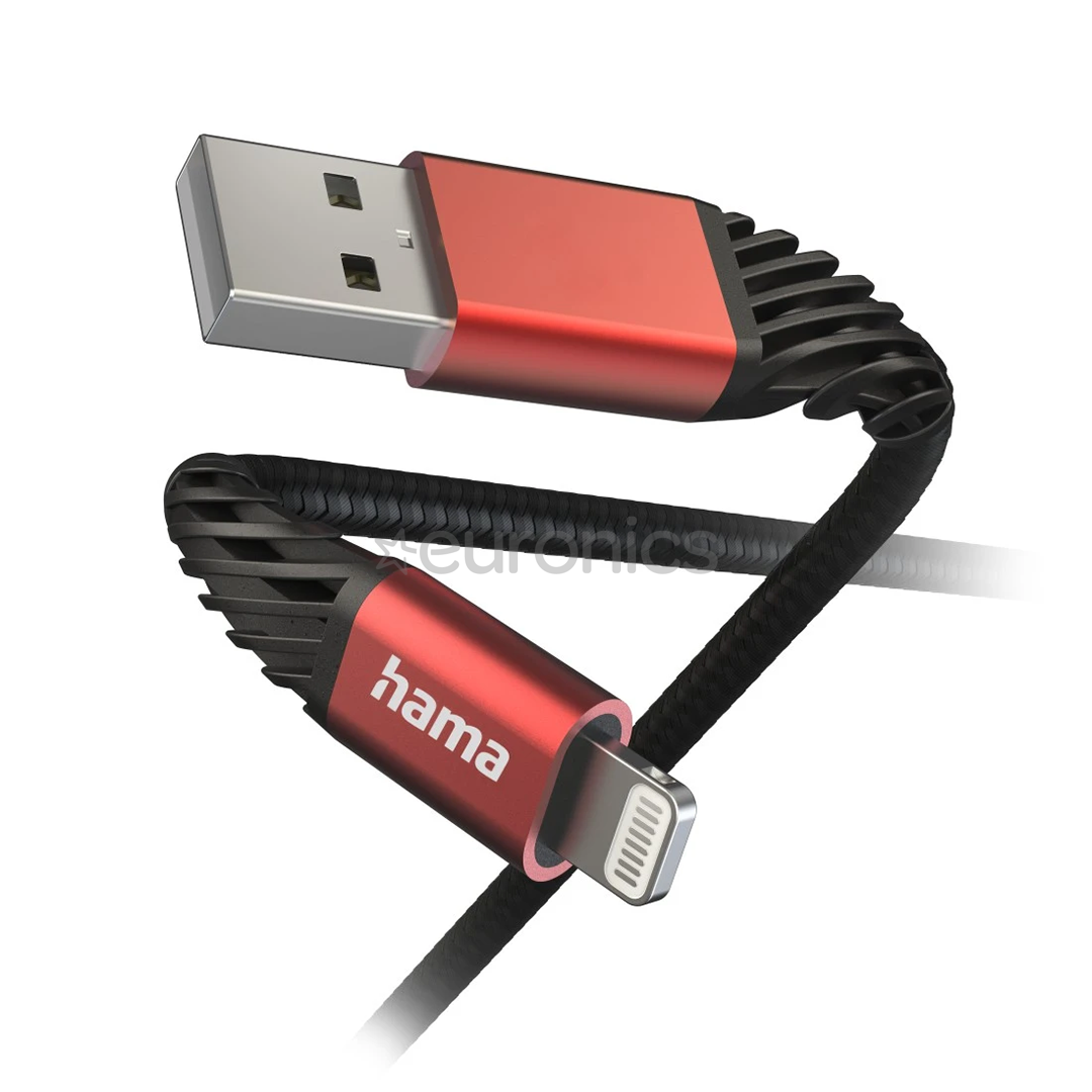 Hama Extreme Charging Cable, USB-A, Lightning, Nylon, 1.5 m, must/punane - Kaabel