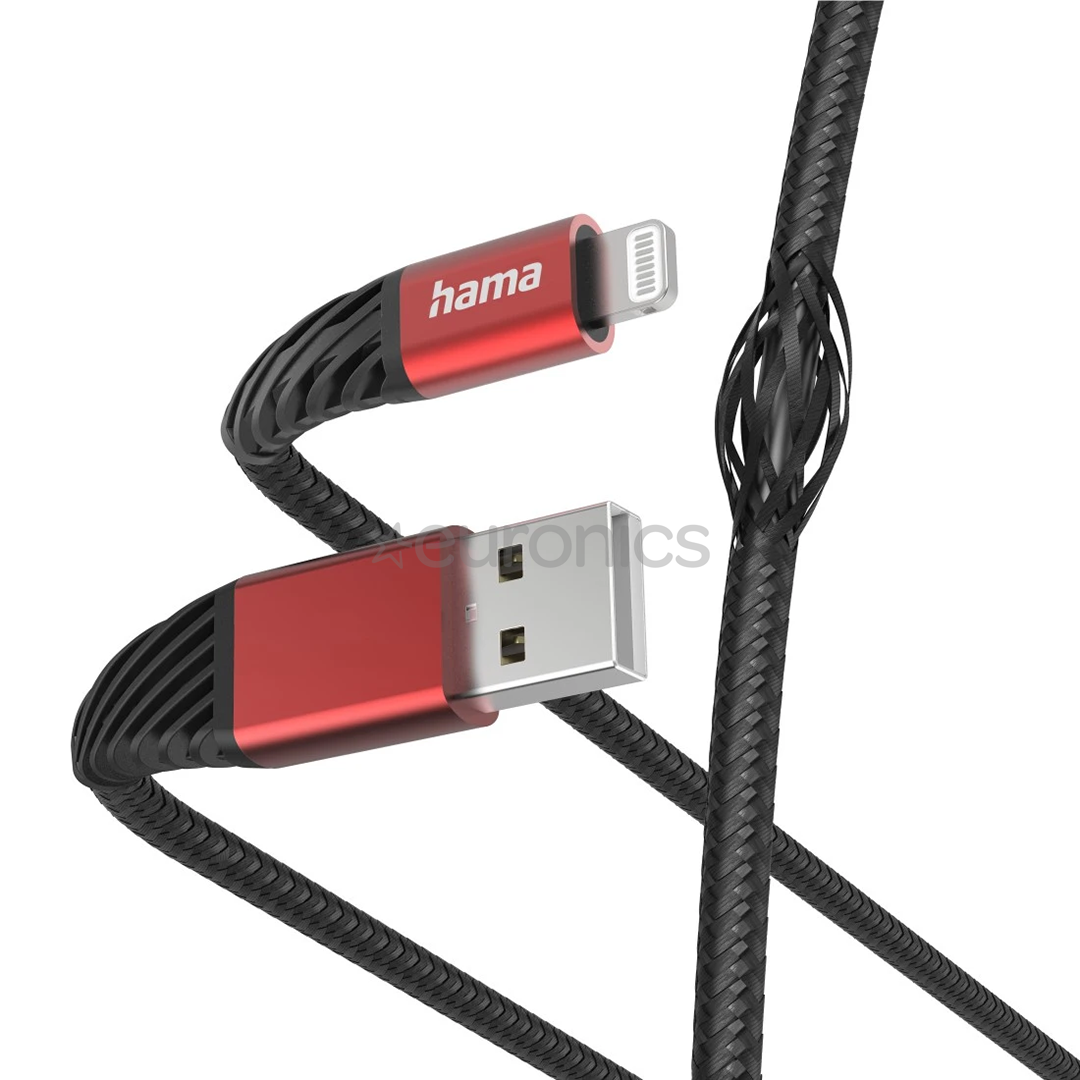 Hama Extreme Charging Cable, USB-A, Lightning, Nylon, 1.5 m, must/punane - Kaabel