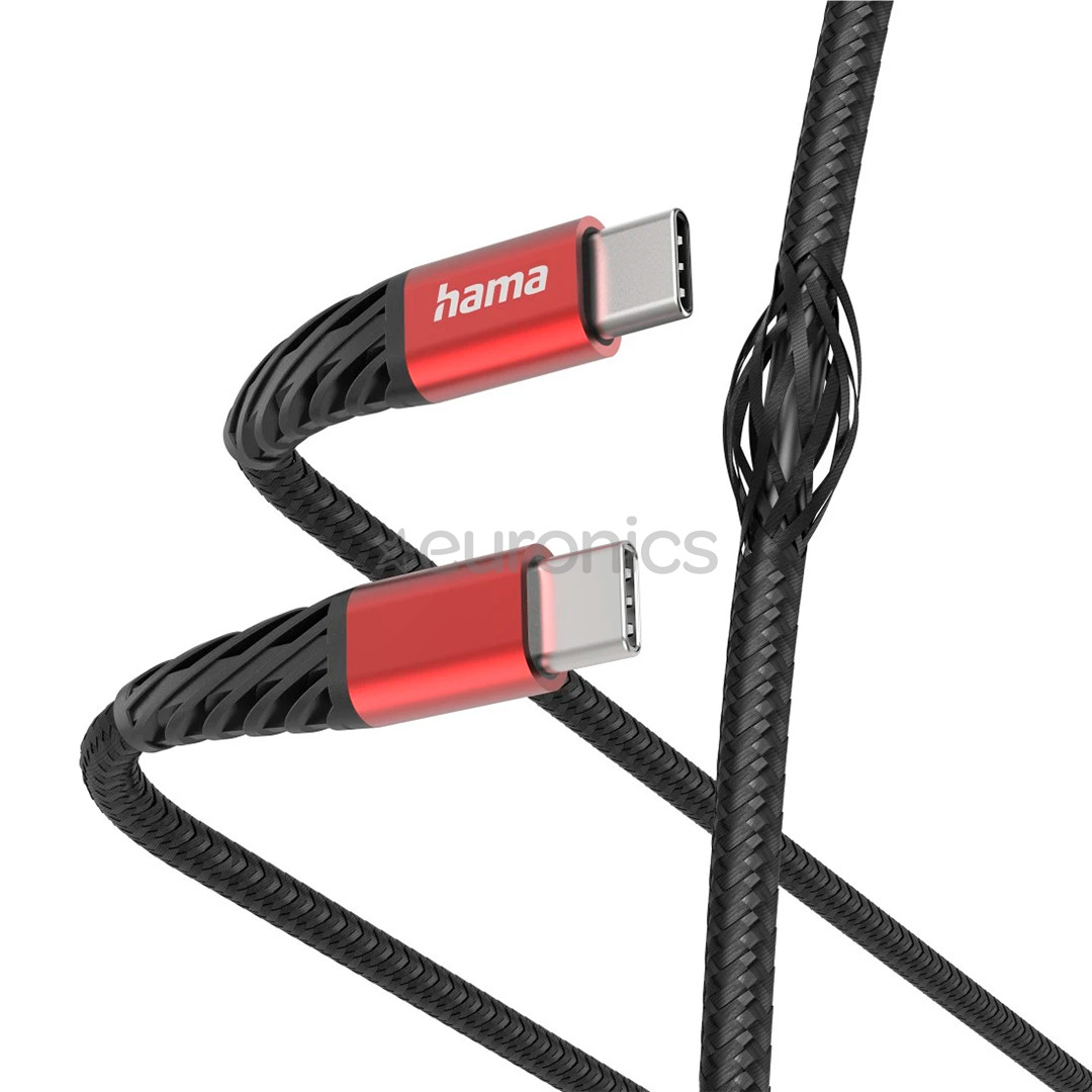 Hama Extreme Charging Cable, USB-C - USB-C, 60 W, Nylon, 1.5 m, must/punane - Kaabel