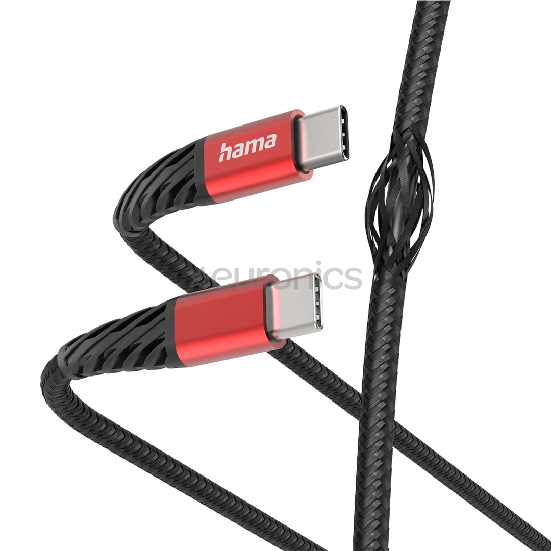 Hama Extreme Charging Cable, USB-C - USB-C, 60 Вт, нейлон,1 ,5 м, черный/красный - Кабель
