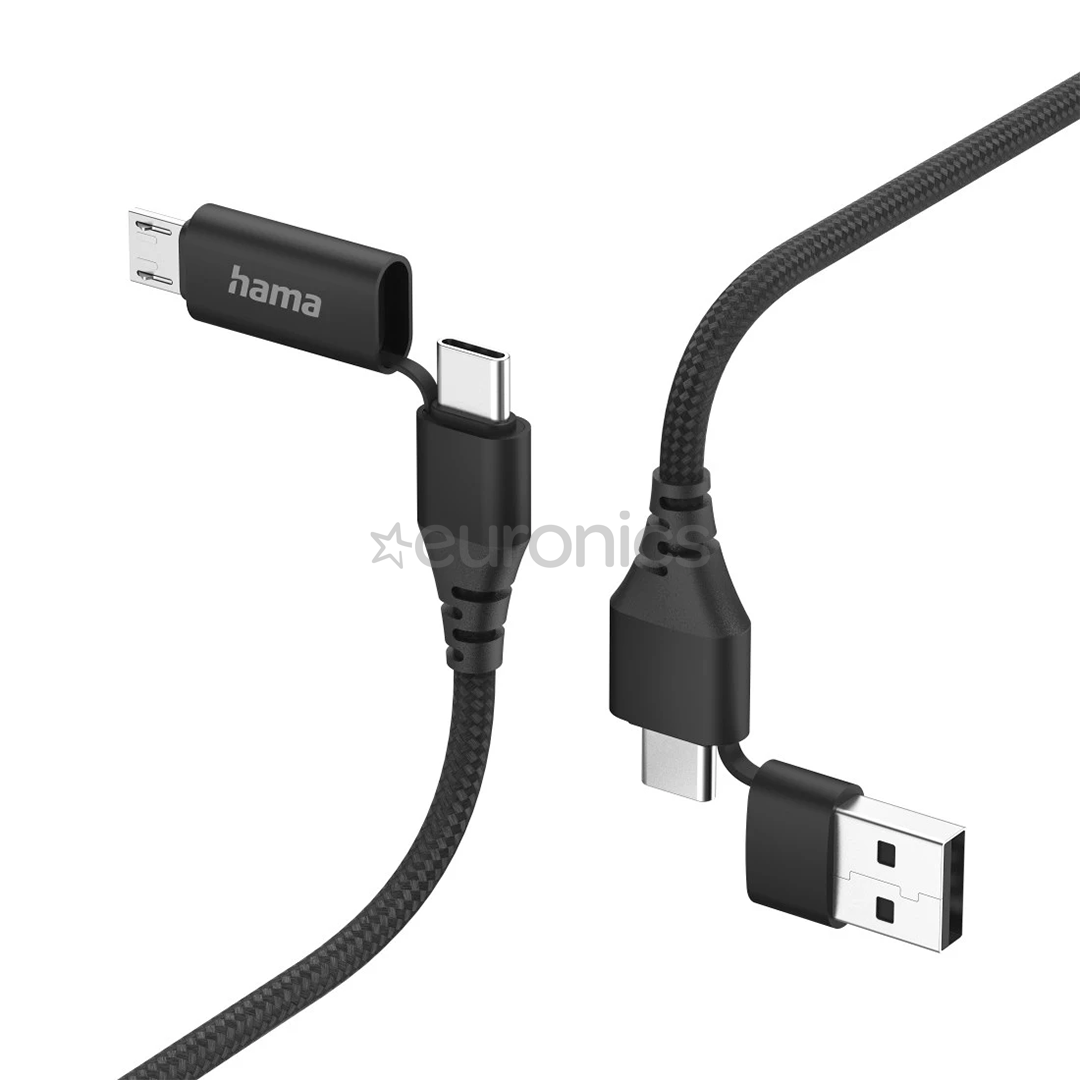 Hama 4-in-1 USB-C/USB-A - USB-C/Micro-USB, 1,5 m, nylon, must - Kaabel