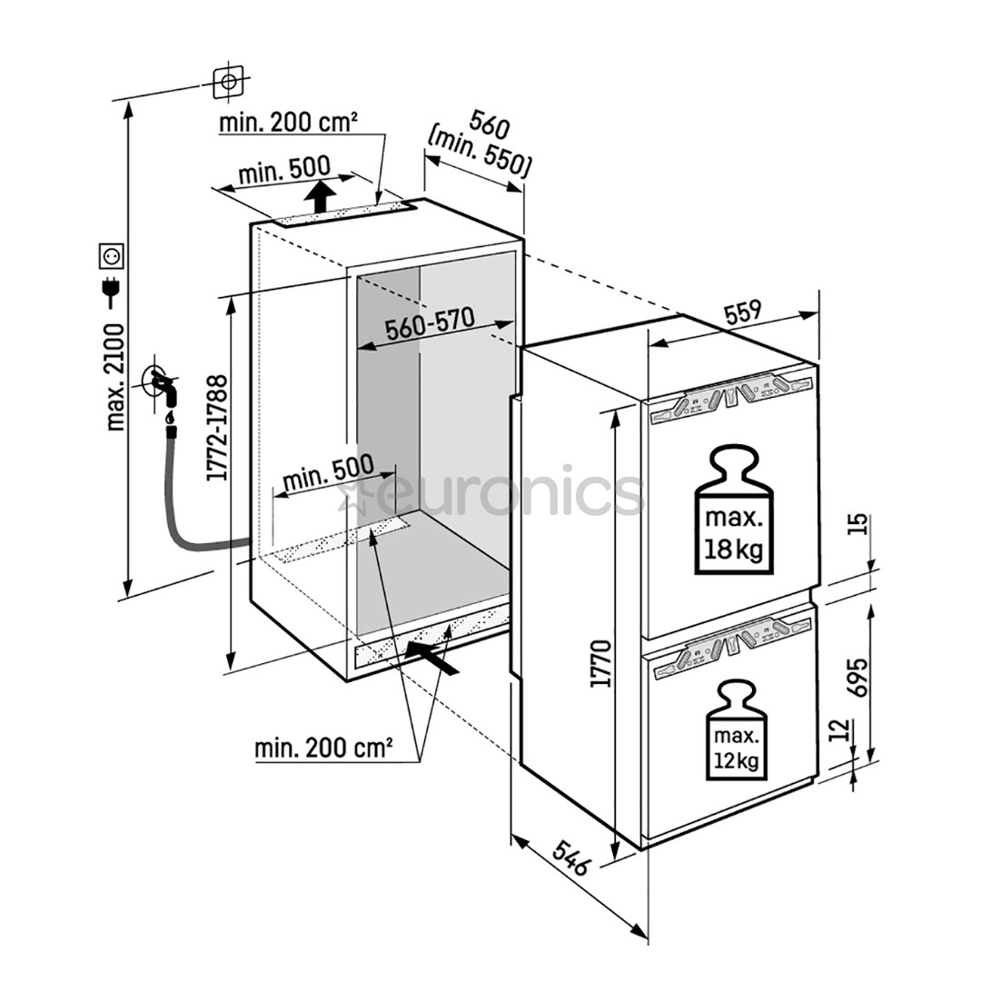 Liebherr Peak NoFrost, 255 л, высота 177 см - Интегрируемый холодильник