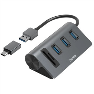 Hama USB Hub, 3x USB-A 3.2 Gen 1, SD, microSD, USB-C Adapter, black/gray - USB hub
