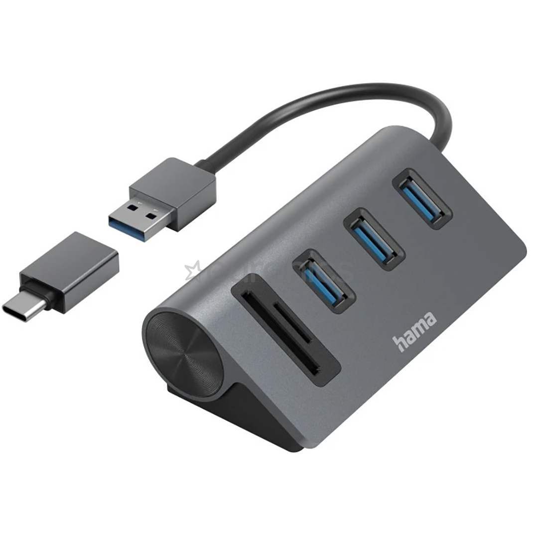 Hama USB Hub, 3x USB-A 3.2 Gen 1, SD, microSD, USB-C Adapter, must/hall - USB jagaja