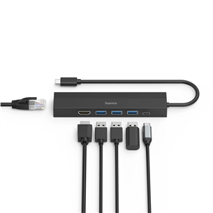 Hama USB-C Hub, 3x USB-A 3.2 Gen 1, USB-C, HDMI, LAN, must - USB jagaja