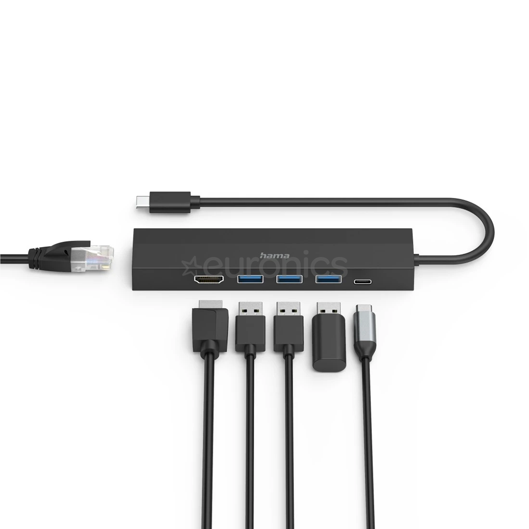 Hama USB-C Hub, 3x USB-A 3.2 Gen 1, USB-C, HDMI, LAN, must - USB jagaja