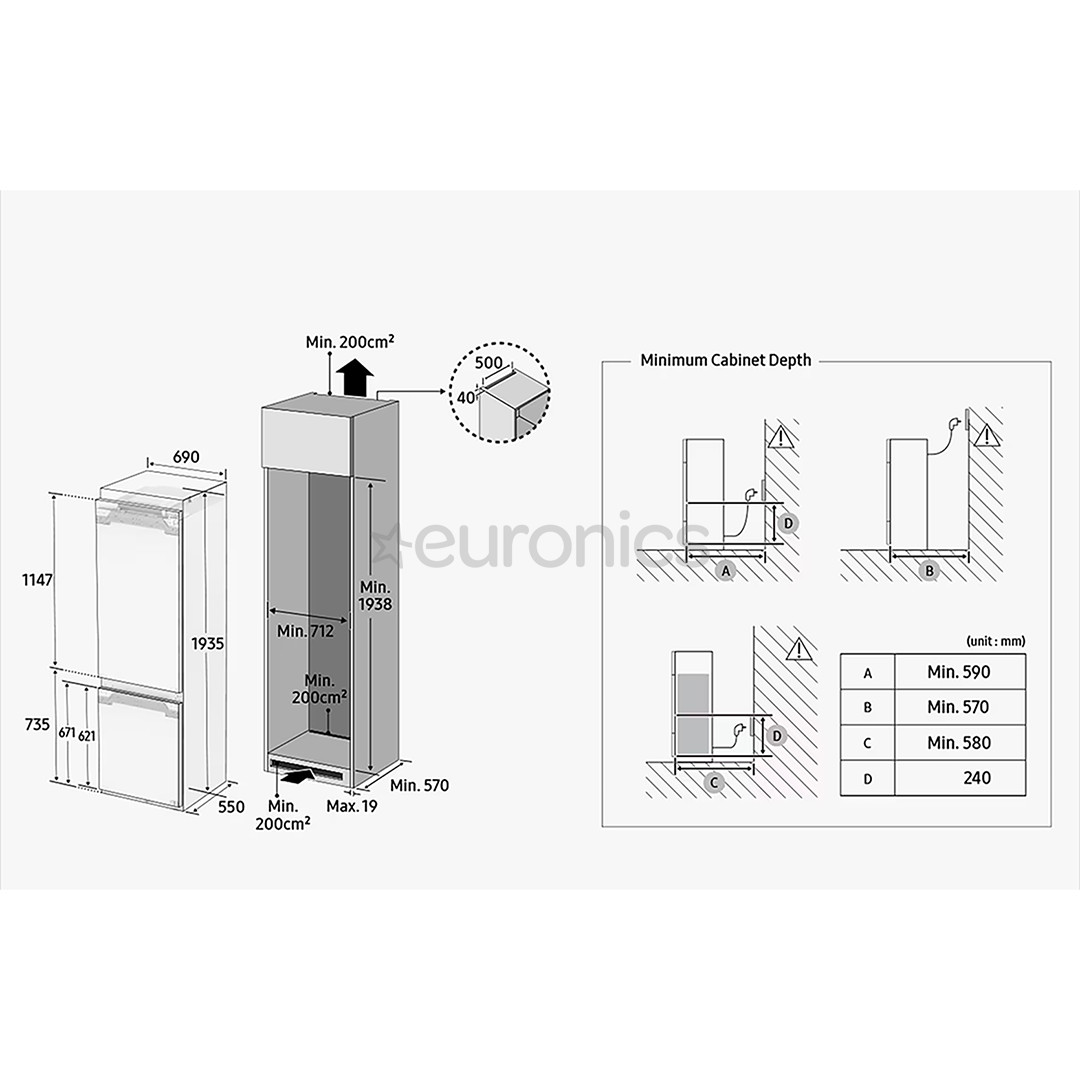 Samsung, NoFrost, 389 L, height 194 cm - Built-in refrigerator