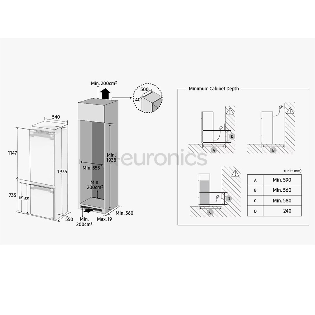 Samsung, NoFrost, 298 L, kõrgus 194 cm - Integreeritav külmik