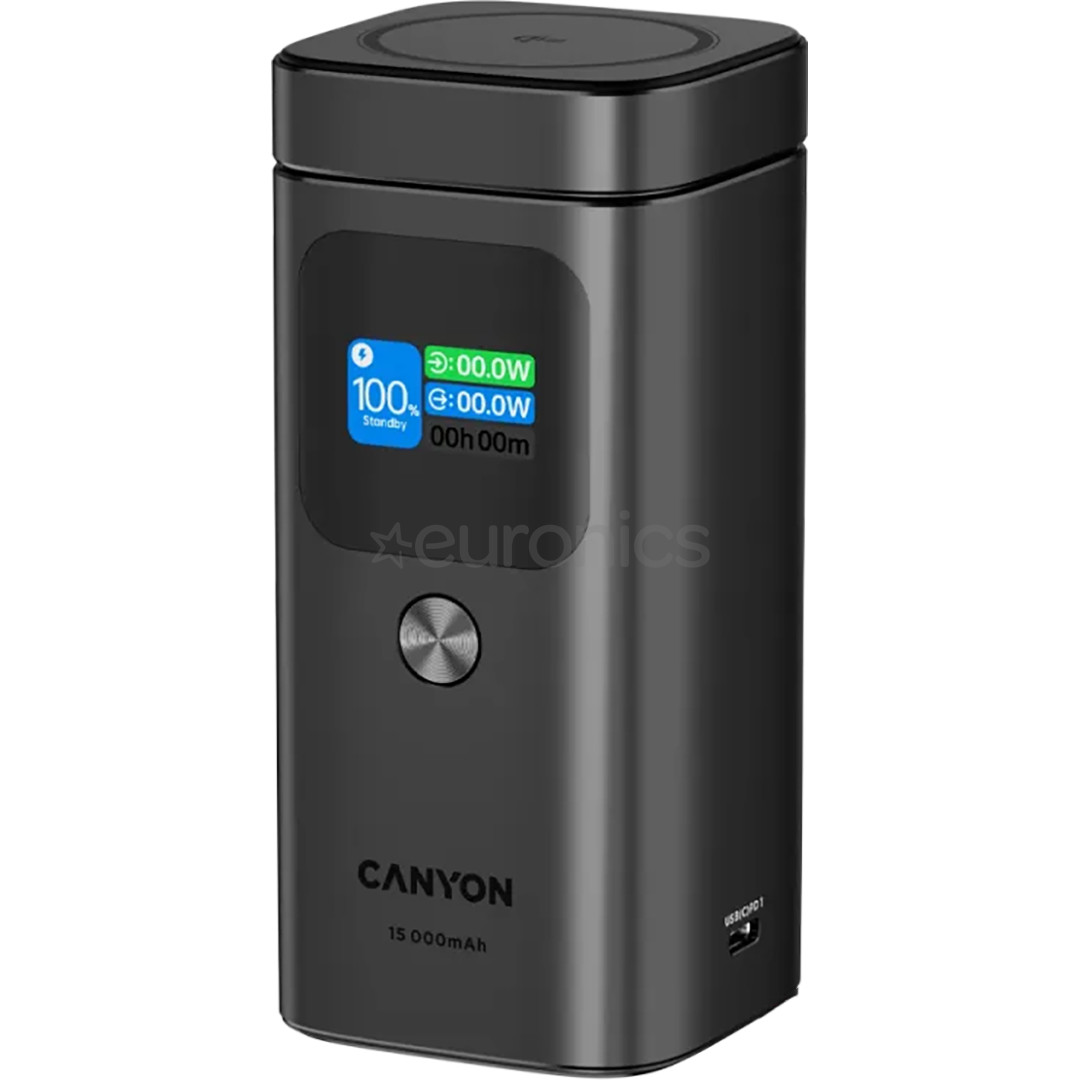 Canyon OnPower 150, 15 000 мАч, USB-A, USB-C, Qi2, темно-серый - Внешний аккумулятор