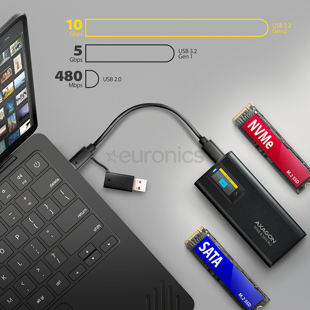 Axagon EEM2-SD2B, USB-C, 10Gbps, M.2 NVMe & SATA, must - SSD korpus