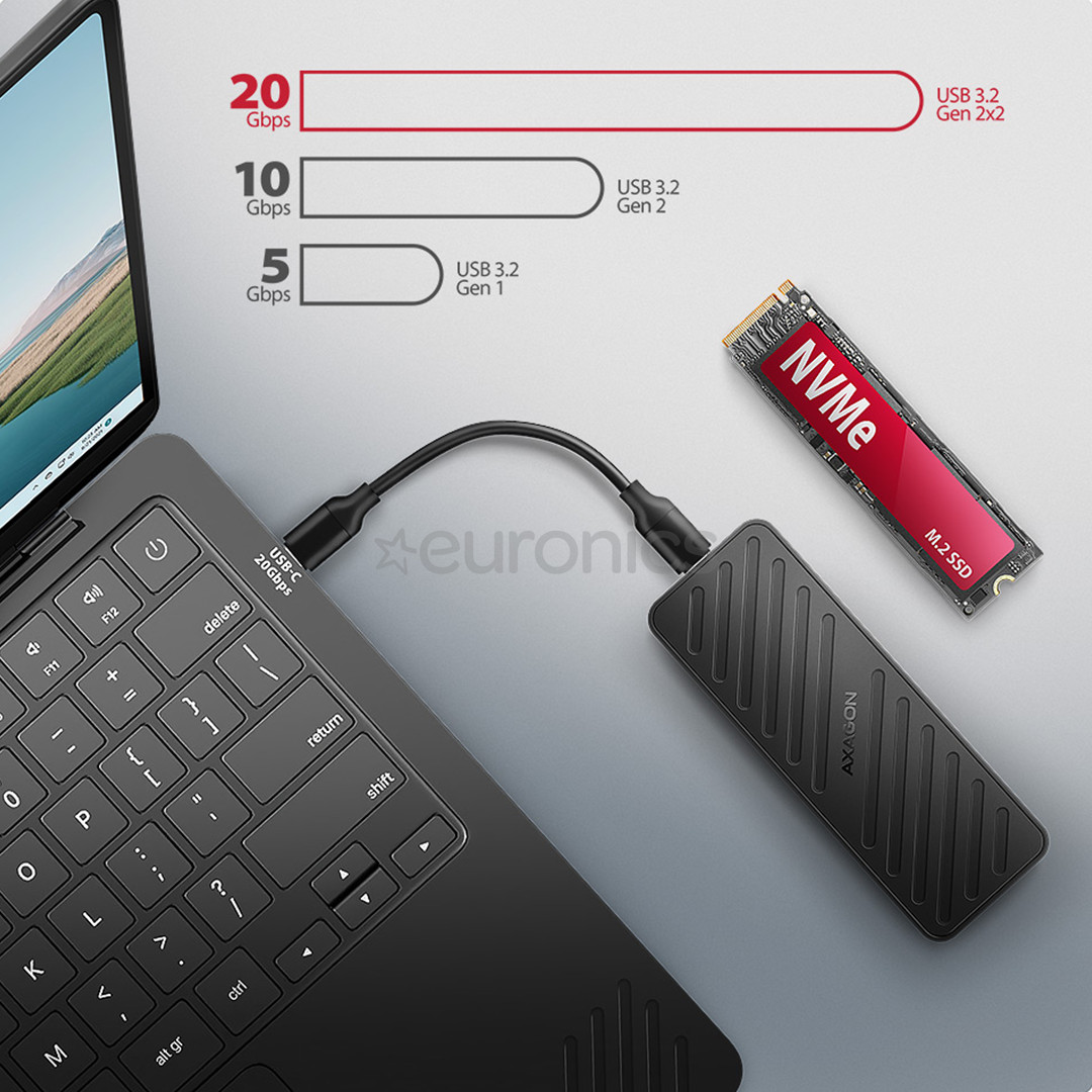 Axagon EEM2-20G, USB-C, 20Gbps, M.2 NVMe, must - SSD korpus