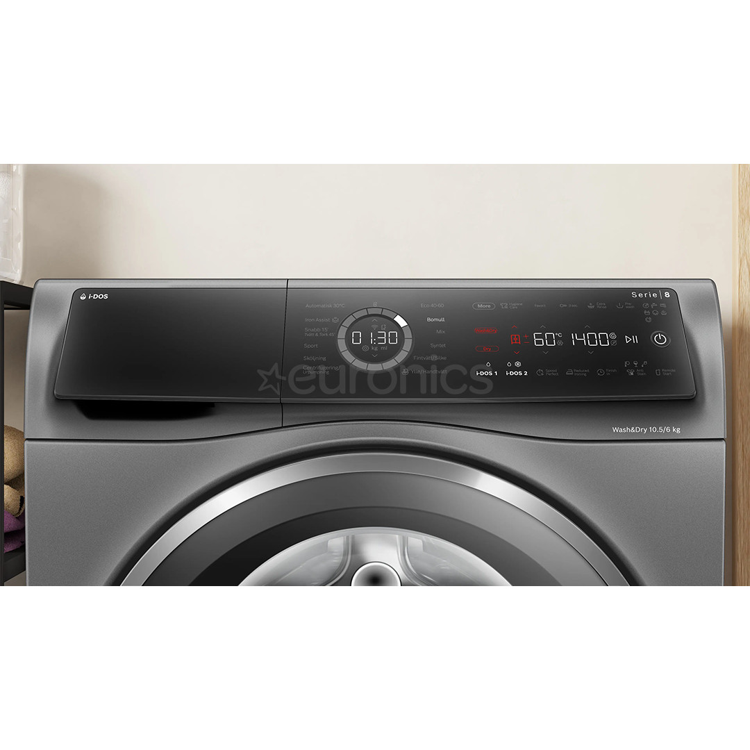 Bosch, Series 8, i-Dos, 10,5 кг/6 кг, глубина 62,2 см, 1400 об/мин, серый - Стирально-сушильная машина